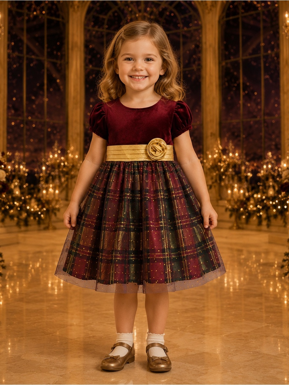 Bonnie Jean Girls 4T Burgundy Velvet Plaid Holiday Dress Gold
